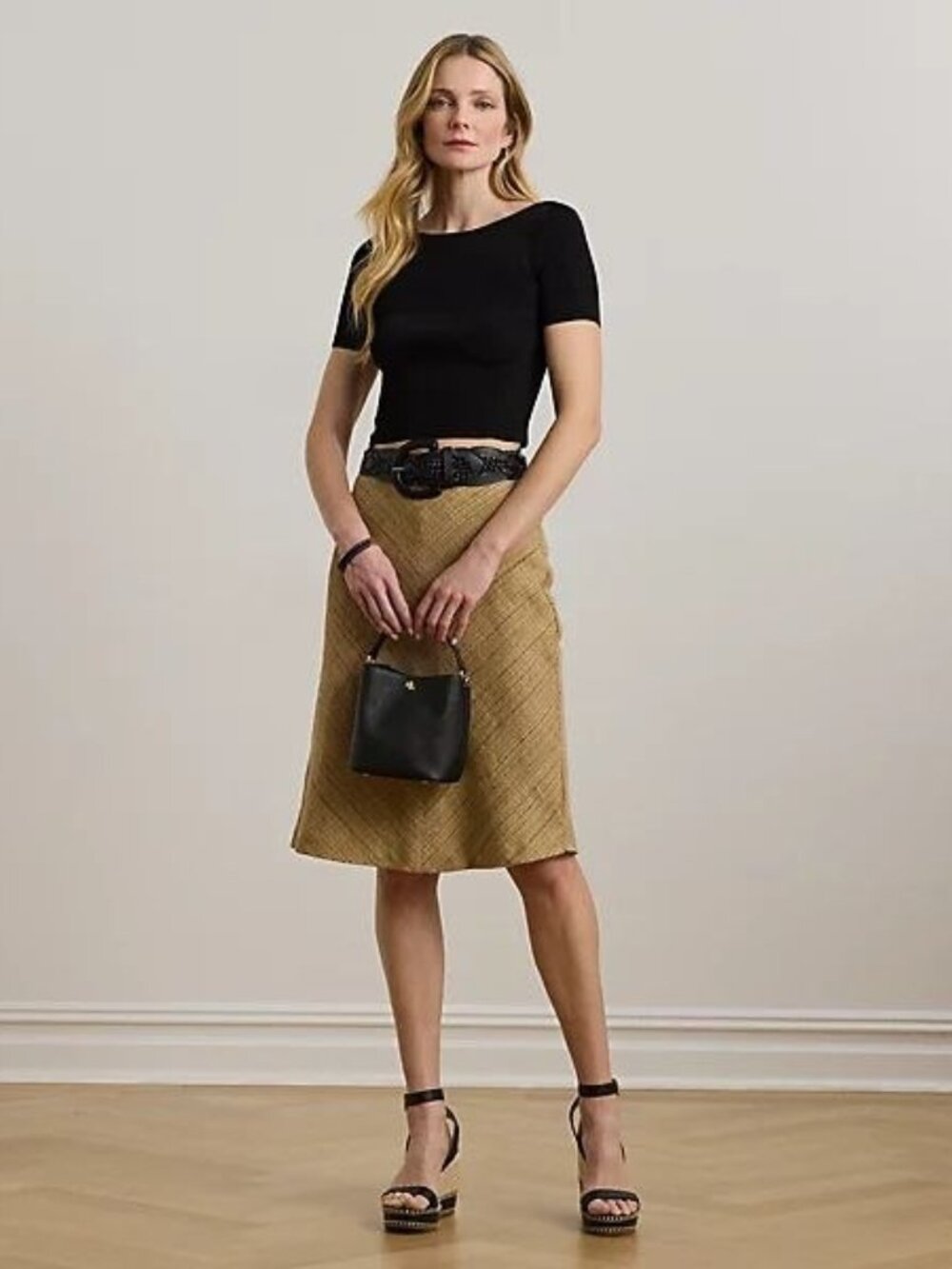 $295 Lauren Ralph Lauren Herringbone Linen-Blend Tweed Skirt Brown Size 18